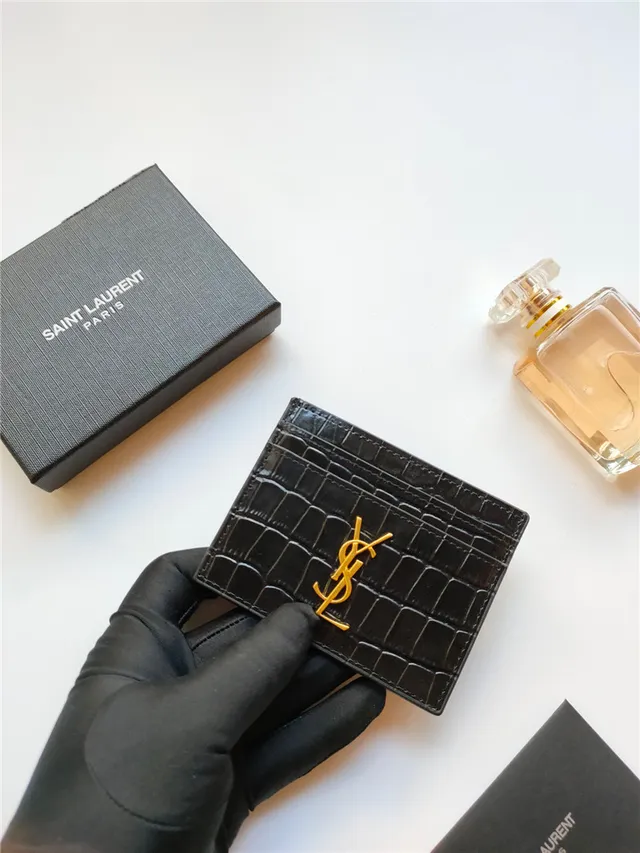 Saint Laurent Porte-cartes en Cuir Noir et Or Embossé Crocodile YSL Monogram 16