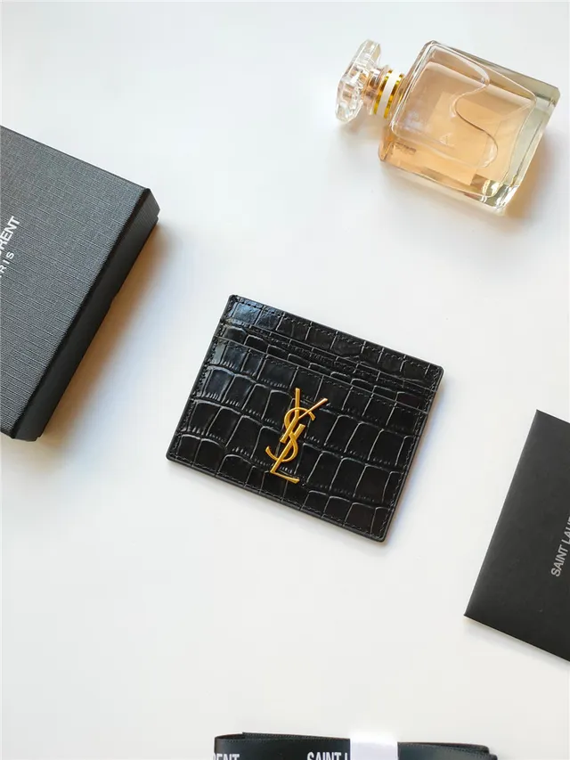 Saint Laurent Porte-cartes en Cuir Noir et Or Embossé Crocodile YSL Monogram 18