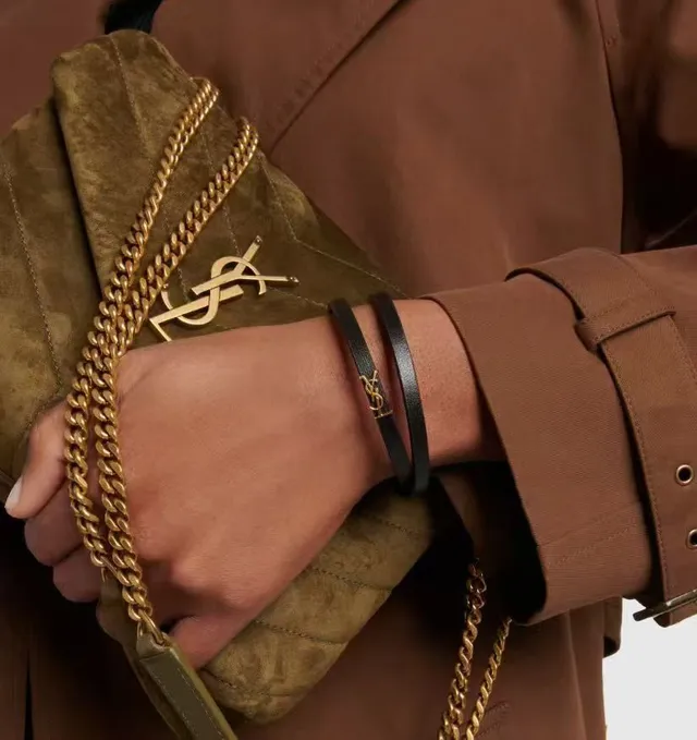 Saint Laurent Black Gold سوار جلد رفيع مغلف مزدوج 2
