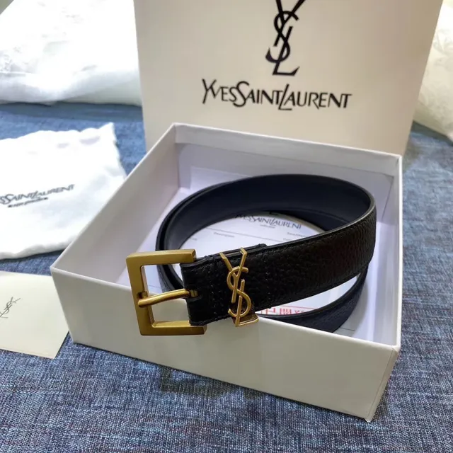 Saint Laurent Cinto Clássico com Monograma Preto Dourado Fivela Texturizada de Couro 2