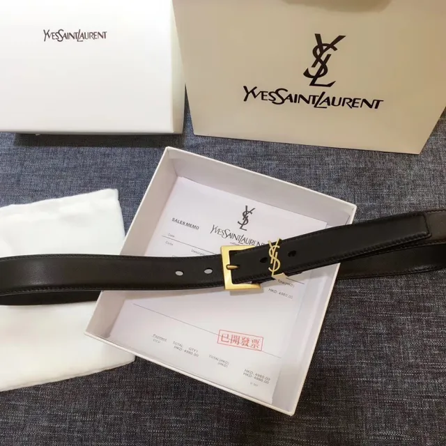 Saint Laurent Cinto Clássico com Monograma Preto Dourado Fivela Texturizada de Couro 3