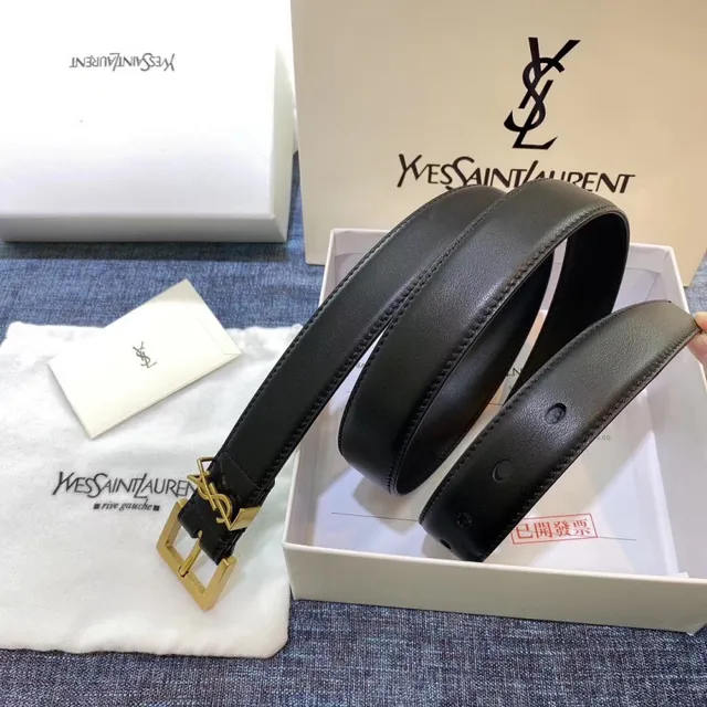 Saint Laurent Cinto Clássico com Monograma Preto Dourado Fivela Texturizada de Couro 4