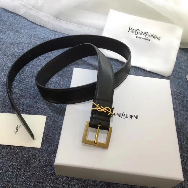 Saint Laurent Cinto Clássico com Monograma Preto Dourado Fivela Texturizada de Couro 5