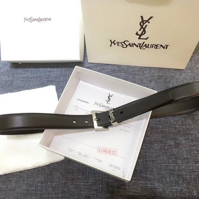 Saint Laurent Cinto Clássico com Monograma Preto Dourado Fivela Texturizada de Couro 7