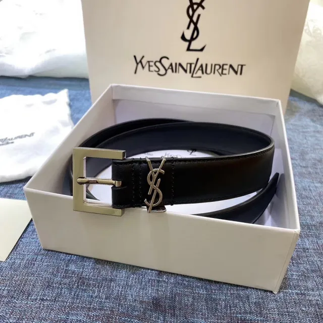 Saint Laurent Cinto Clássico com Monograma Preto Dourado Fivela Texturizada de Couro 9