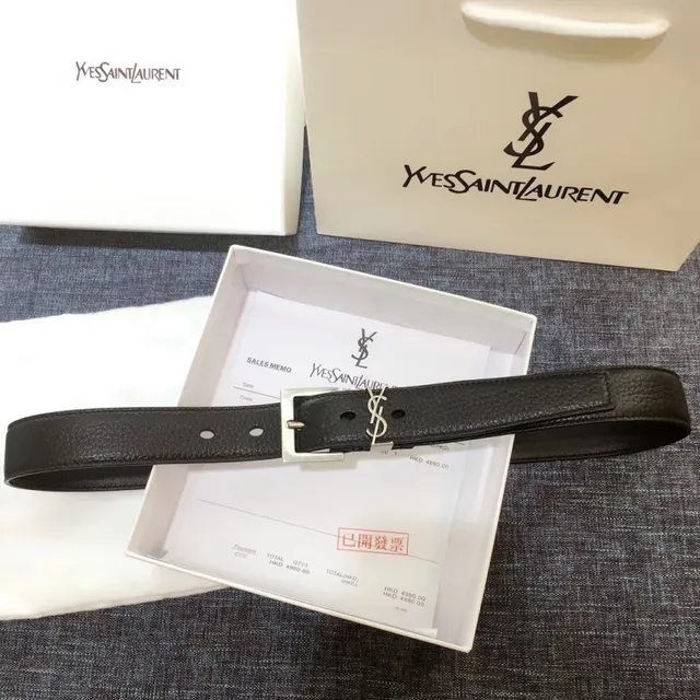 Saint Laurent Cinto Clássico com Monograma Preto Dourado Fivela Texturizada de Couro 13