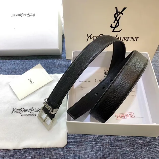 Saint Laurent Cinto Clássico com Monograma Preto Dourado Fivela Texturizada de Couro 14