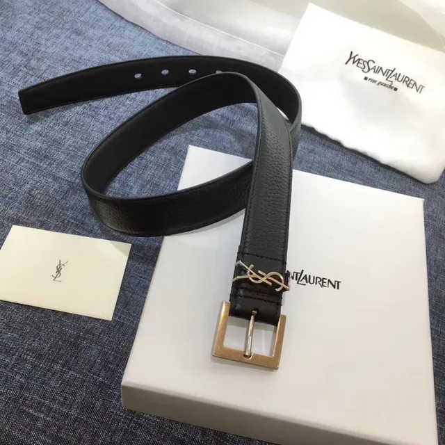 Saint Laurent Cinto Clássico com Monograma Preto Dourado Fivela Texturizada de Couro 17