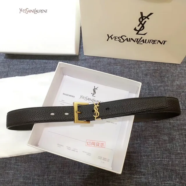 Saint Laurent Cinto Clássico com Monograma Preto Dourado Fivela Texturizada de Couro 19