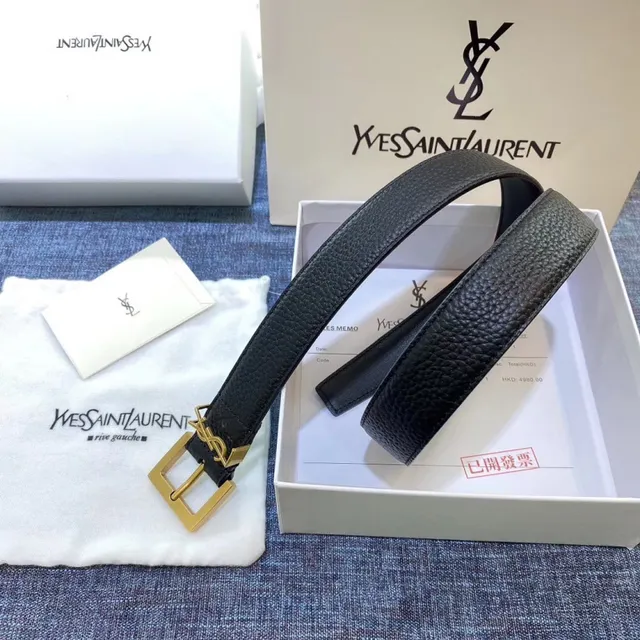 Saint Laurent Cinto Clássico com Monograma Preto Dourado Fivela Texturizada de Couro 20