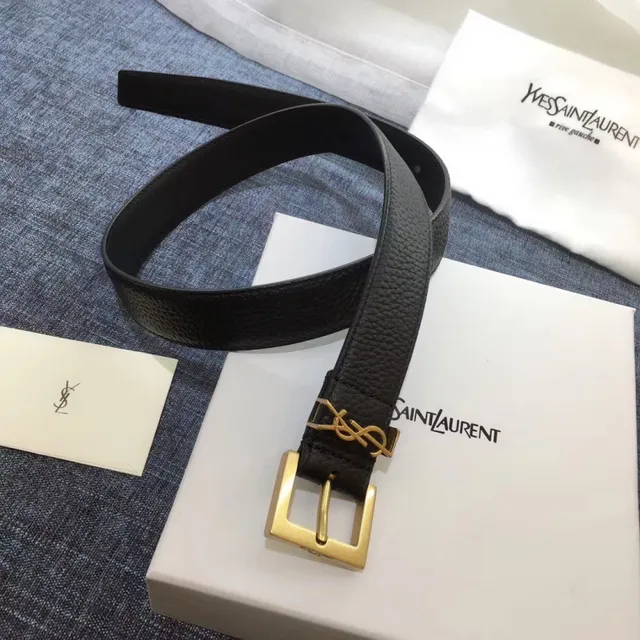 Saint Laurent Cinto Clássico com Monograma Preto Dourado Fivela Texturizada de Couro 21