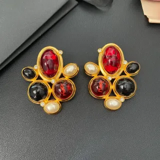 Saint Laurent Gold Red Metal Multi-Stone Cluster Earrings