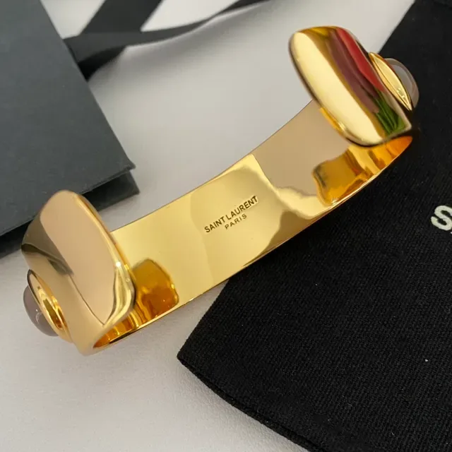 Saint Laurent Bracelet Triple Cabochon Orange et Brun Doré 4