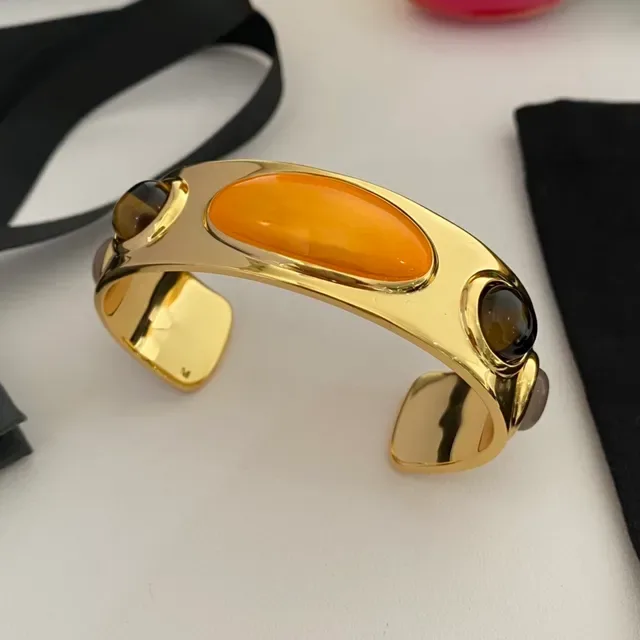 Saint Laurent Bracelet Triple Cabochon Orange et Brun Doré 5