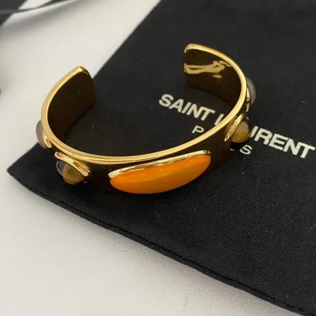 Saint Laurent Bracelet Triple Cabochon Orange et Brun Doré 6