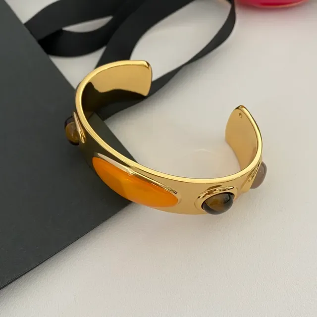 Saint Laurent Bracelet Triple Cabochon Orange et Brun Doré 7