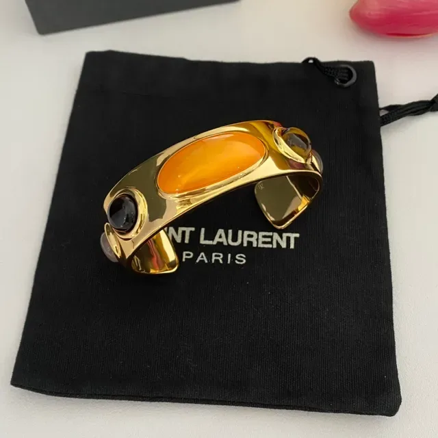 Saint Laurent Bracelet Triple Cabochon Orange et Brun Doré 8