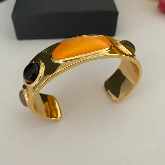 Saint Laurent Bracelet Triple Cabochon Orange et Brun Doré 9