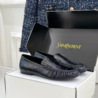 Saint Laurent Loafer Black Gold Croc-Embossed Leather Ruched Vamp Loafer
