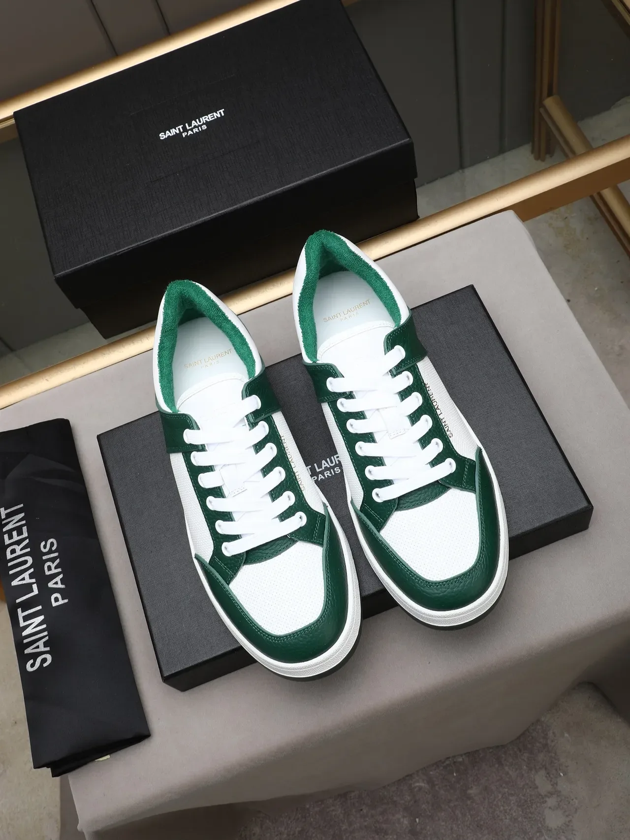 Saint Laurent Loulou White Green Panelled Construction Pebbled Leather Lifestyle Sneakers 2