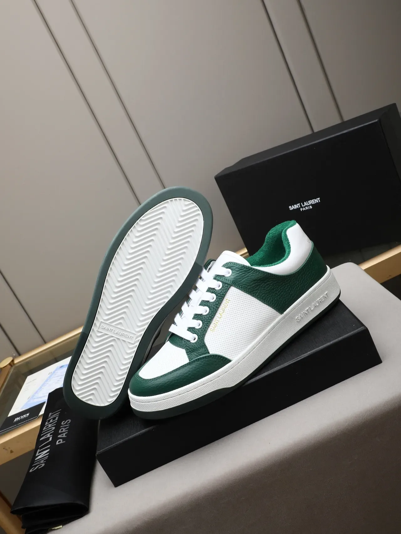 Saint Laurent Loulou White Green Panelled Construction Pebbled Leather Lifestyle Sneakers 4