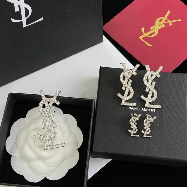 Saint Laurent Monogram Brooch Crystal-Encrusted Silver-Tone YSL Brooch 4