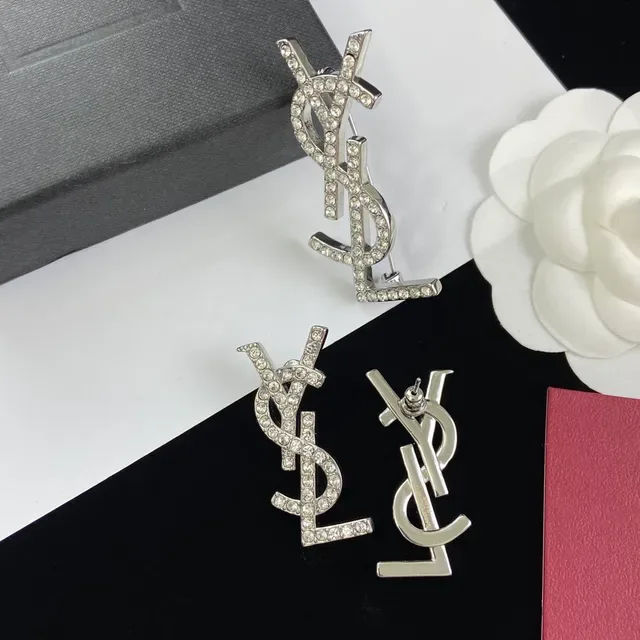 Saint Laurent Monogram Brooch Crystal-Encrusted Silver-Tone YSL Brooch 5