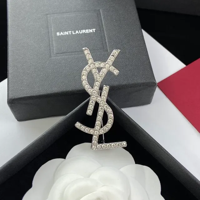 Saint Laurent Monogram Brooch Crystal-Encrusted Silver-Tone YSL Brooch 6