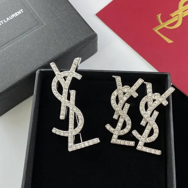 Saint Laurent Monogram Brooch Crystal-Encrusted Silver-Tone YSL Brooch 7