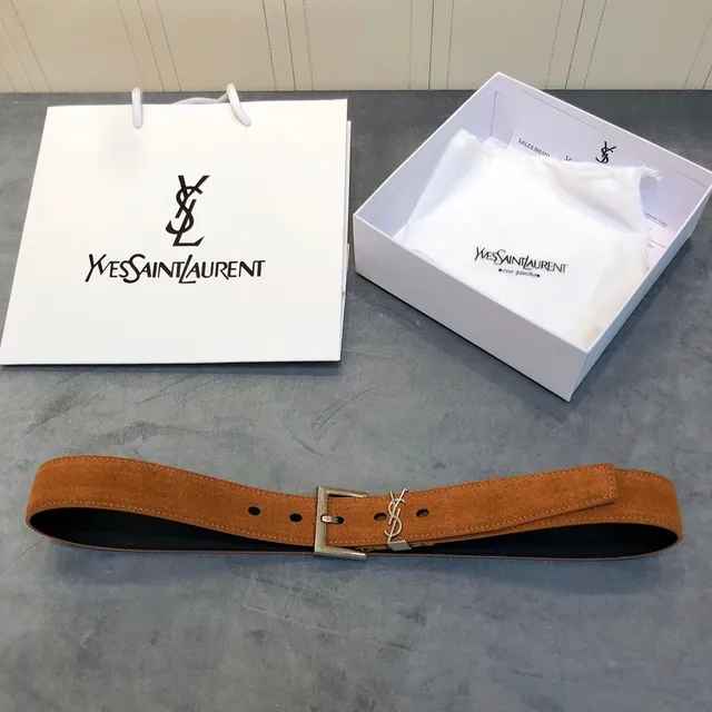 Saint Laurent Monogram Buckle Tan Suede Leather Belt 4