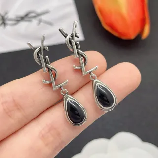 Saint Laurent Monogram Logo Drop Silver Black Stud Teardrop Pendant Earrings