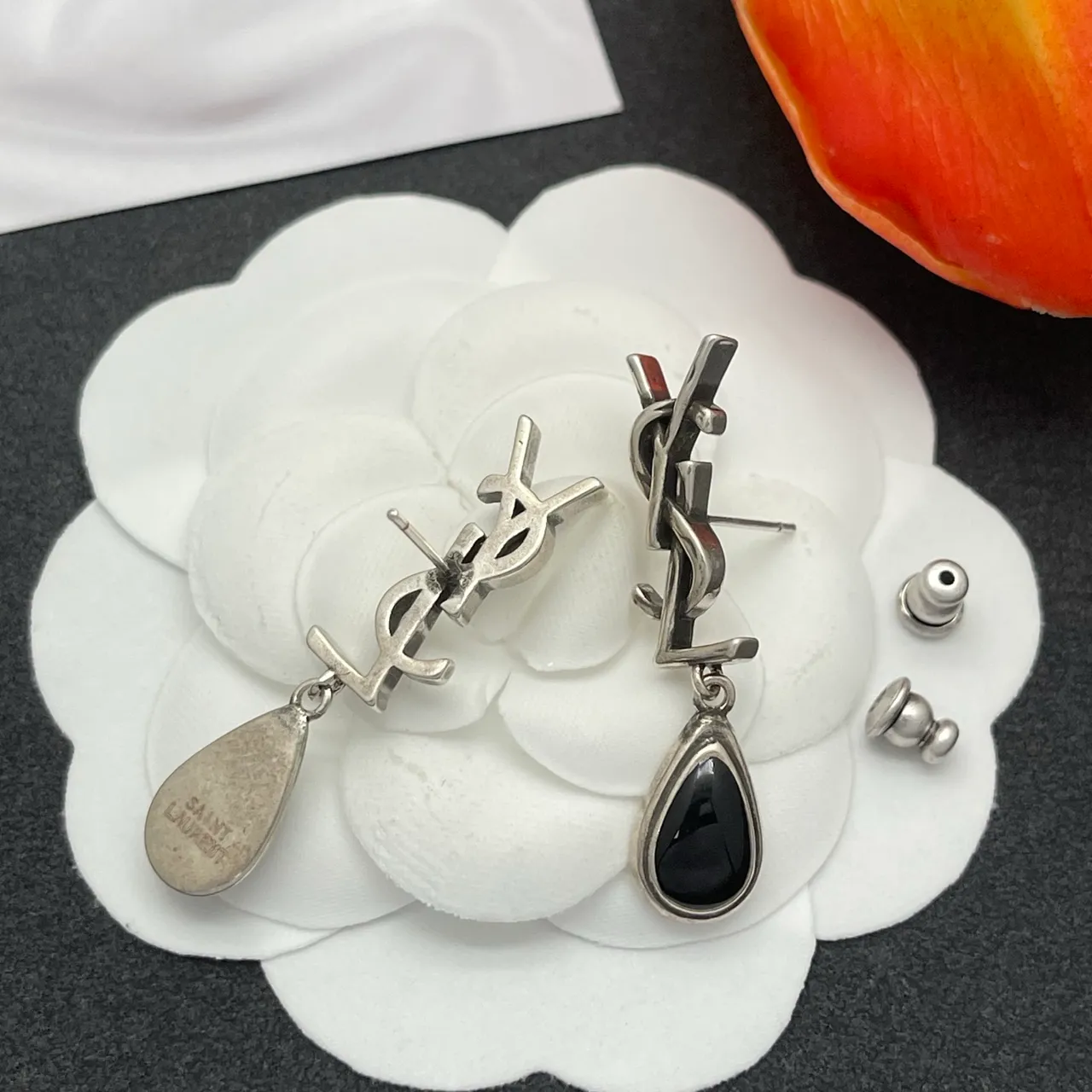 Saint Laurent Monogram Logo Drop Silver Black Stud Teardrop Pendant Earrings 4