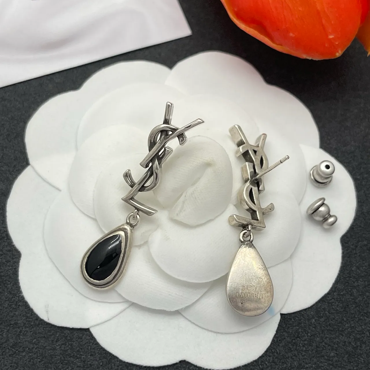 Saint Laurent Monogram Logo Drop Silver Black Stud Teardrop Pendant Earrings 5