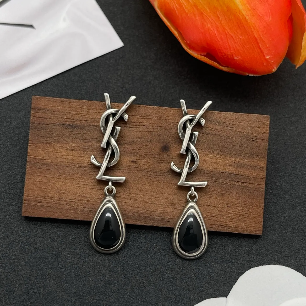 Saint Laurent Monogram Logo Drop Silver Black Stud Teardrop Pendant Earrings 7