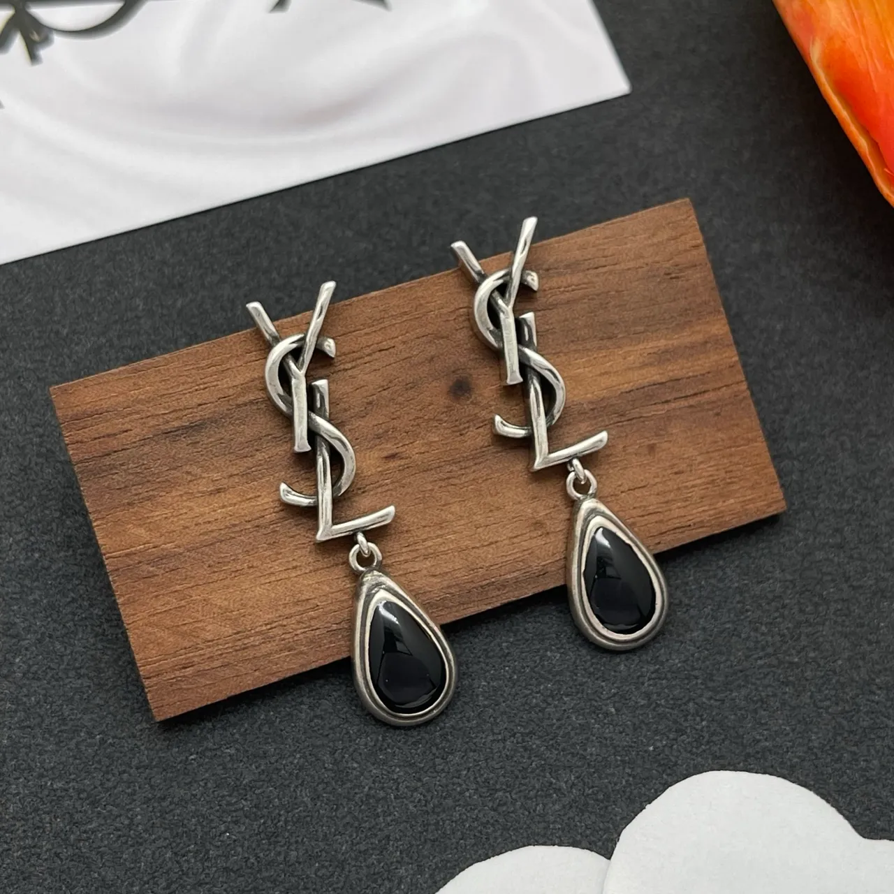 Saint Laurent Monogram Logo Drop Silver Black Stud Teardrop Pendant Earrings 8