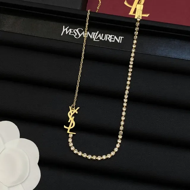 Saint Laurent Monogram Collier Chaîne Crystal-Pavé Or et Argent 3
