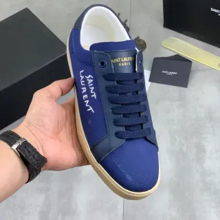 Saint Laurent Navy Beige Canvas Upper Vertical Side Embroidery Lifestyle Sneakers
