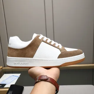 Saint Laurent White Brown Low-Top Suede-and-Perforated-Leather Lifestyle Sneakers
