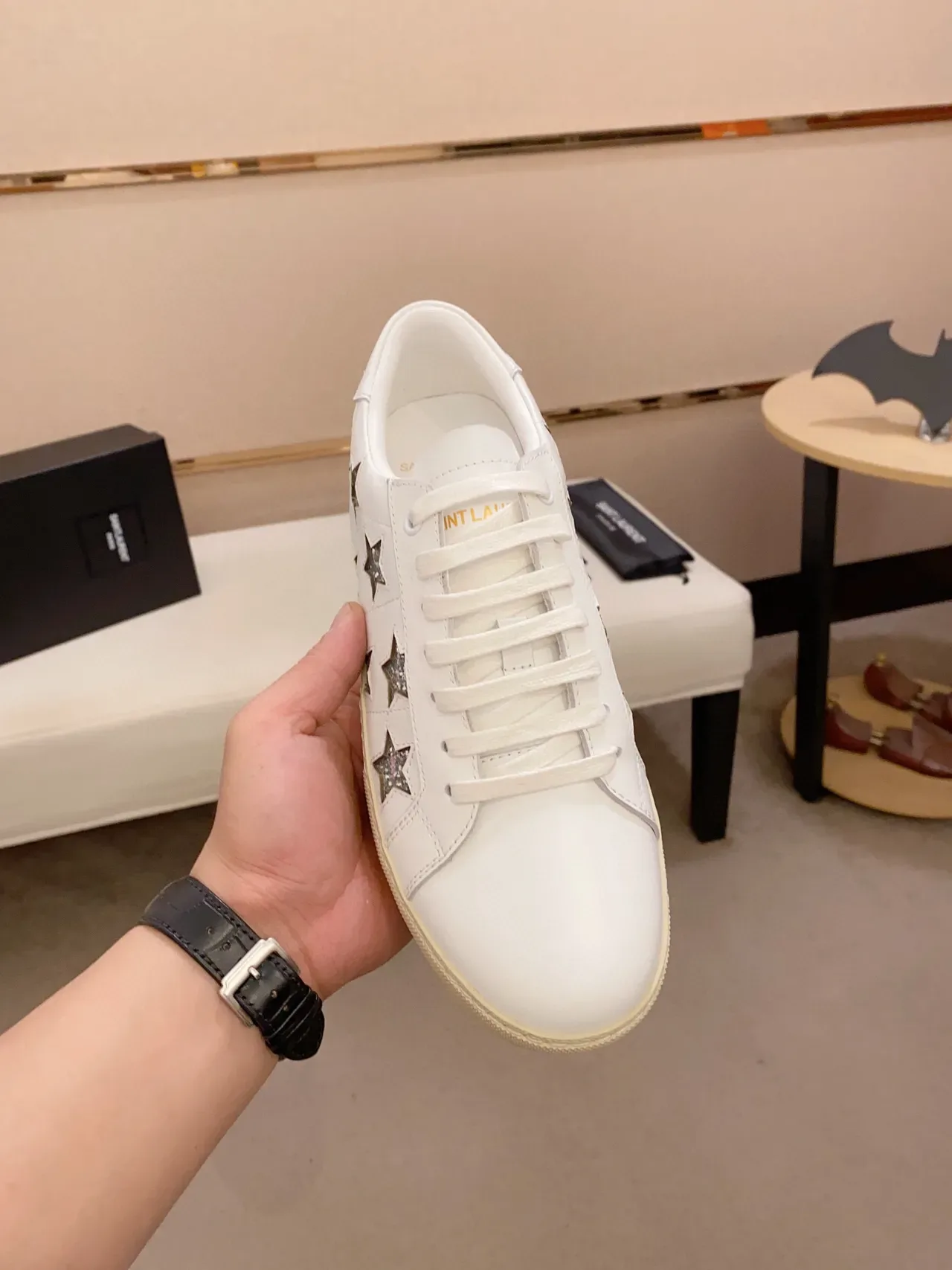 Saint Laurent Sneakers Lifestyle Blanc Argent Cuir Étoiles Brillantes Décoratives 9