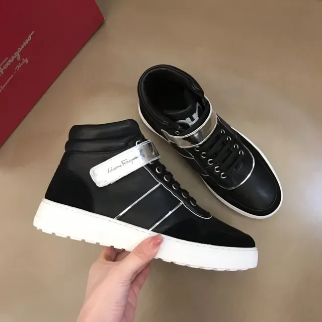 Salvatore Ferragamo Black White High-Top Leather Upper Lifestyle Sneakers 2
