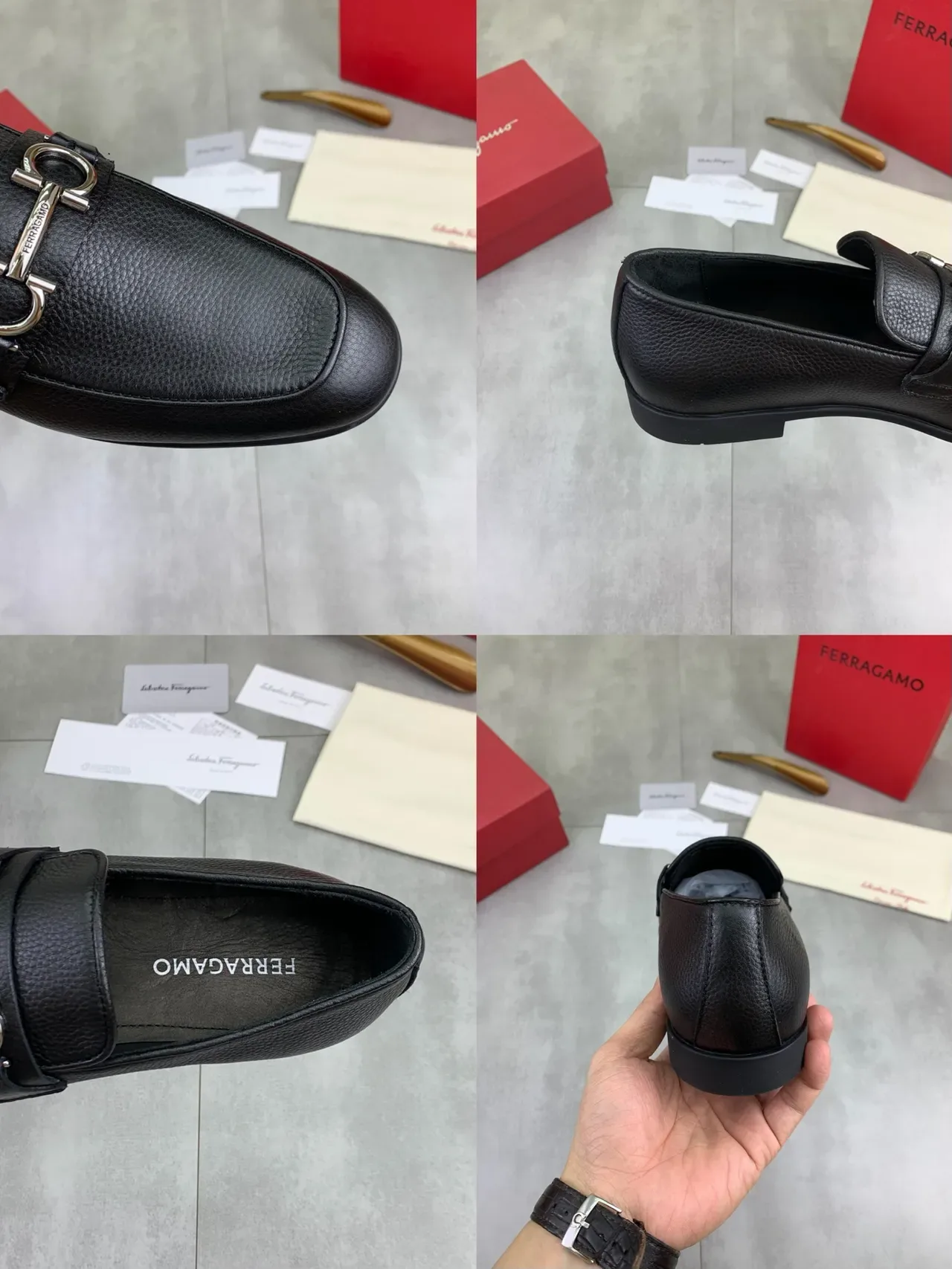 Salvatore Ferragamo Gancini Black Pebbled Leather Loafers 2