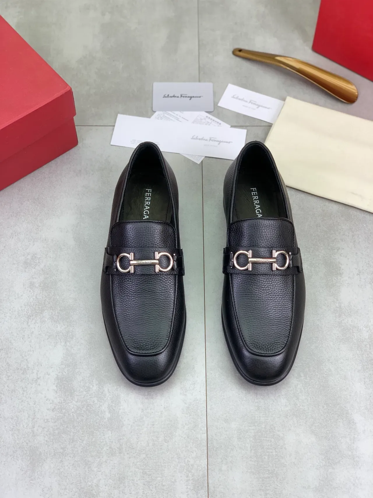 Salvatore Ferragamo Gancini Black Pebbled Leather Loafers 4