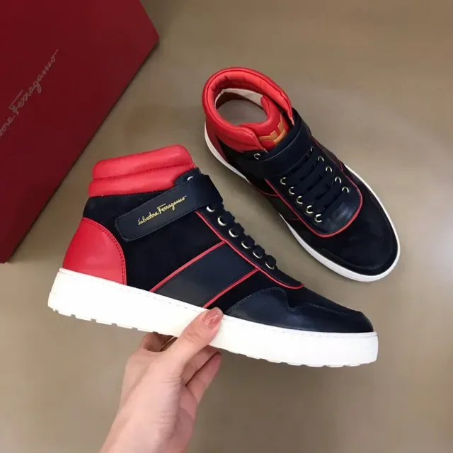 Salvatore Ferragamo High-Top Navy and Red Contrast Piping Sneakers 2