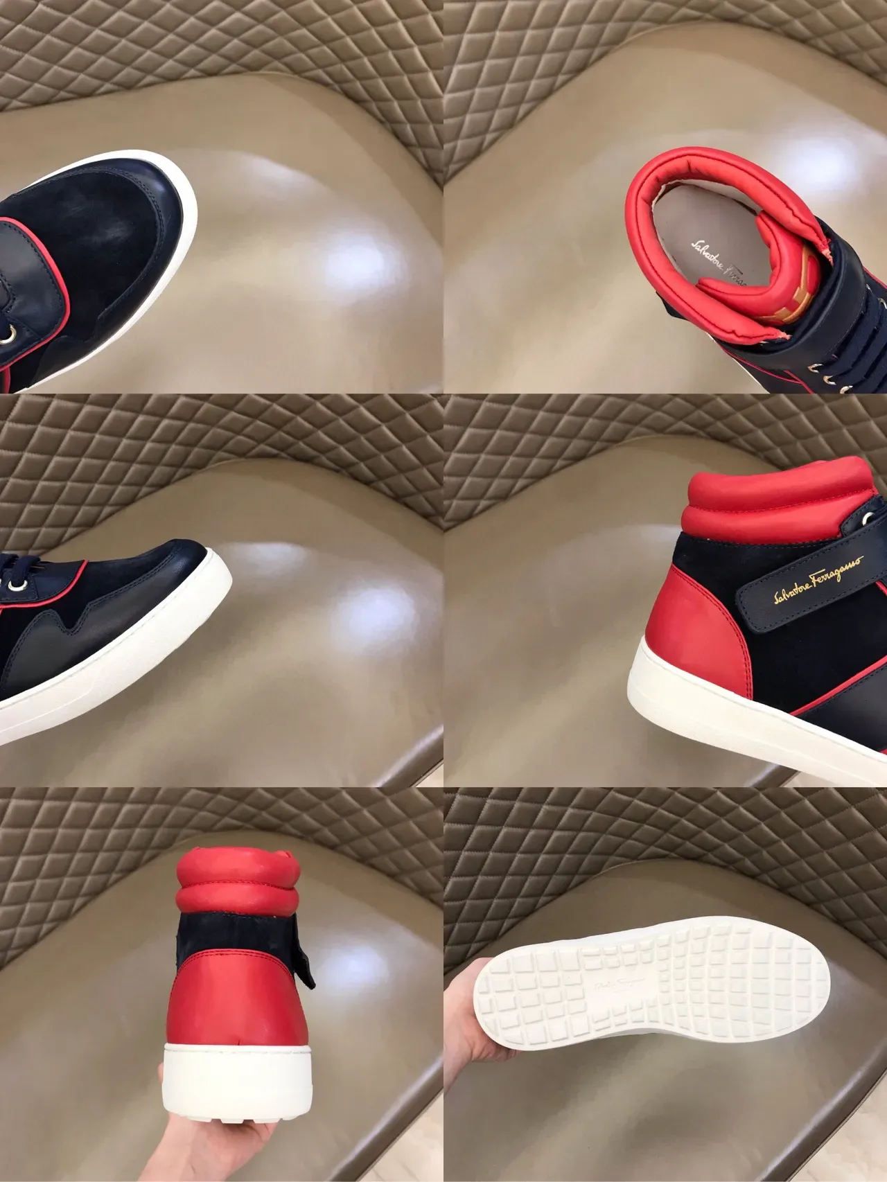 Salvatore Ferragamo High-Top Navy and Red Contrast Piping Sneakers 3
