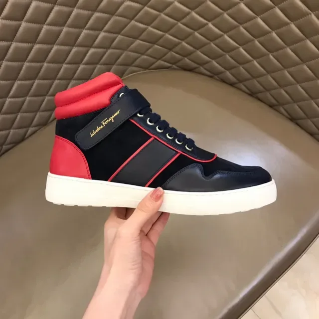 Salvatore Ferragamo High-Top Navy and Red Contrast Piping Sneakers 6