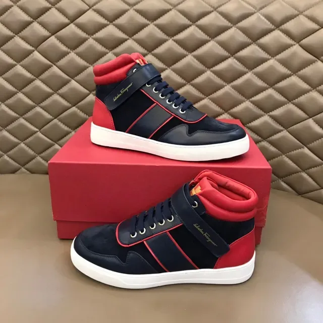 Salvatore Ferragamo High-Top Navy and Red Contrast Piping Sneakers 8