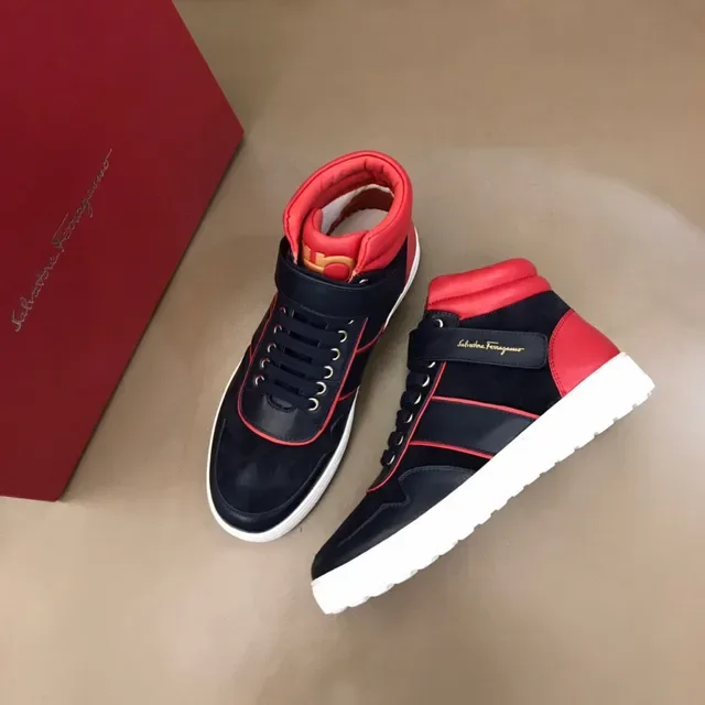 Salvatore Ferragamo High-Top Navy and Red Contrast Piping Sneakers 9