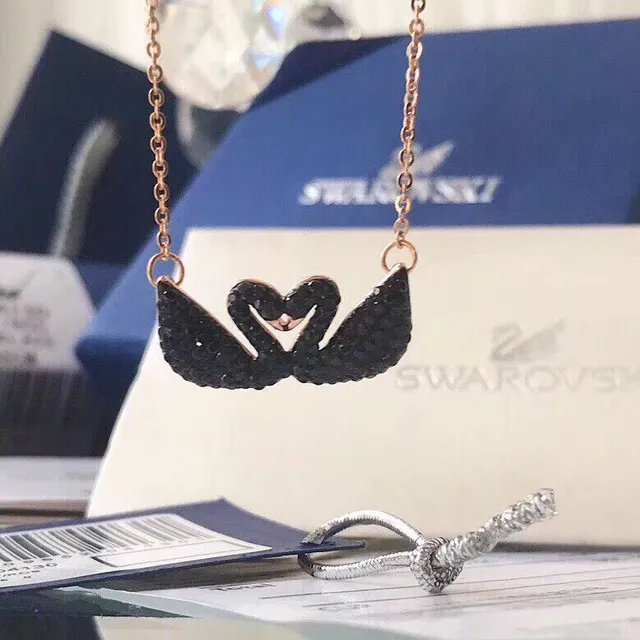 Swarovski Swan Black Gold Pavé Crystal Double Motif Necklace 4