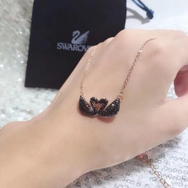 Swarovski Swan Black Gold Pavé Crystal Double Motif Necklace 6