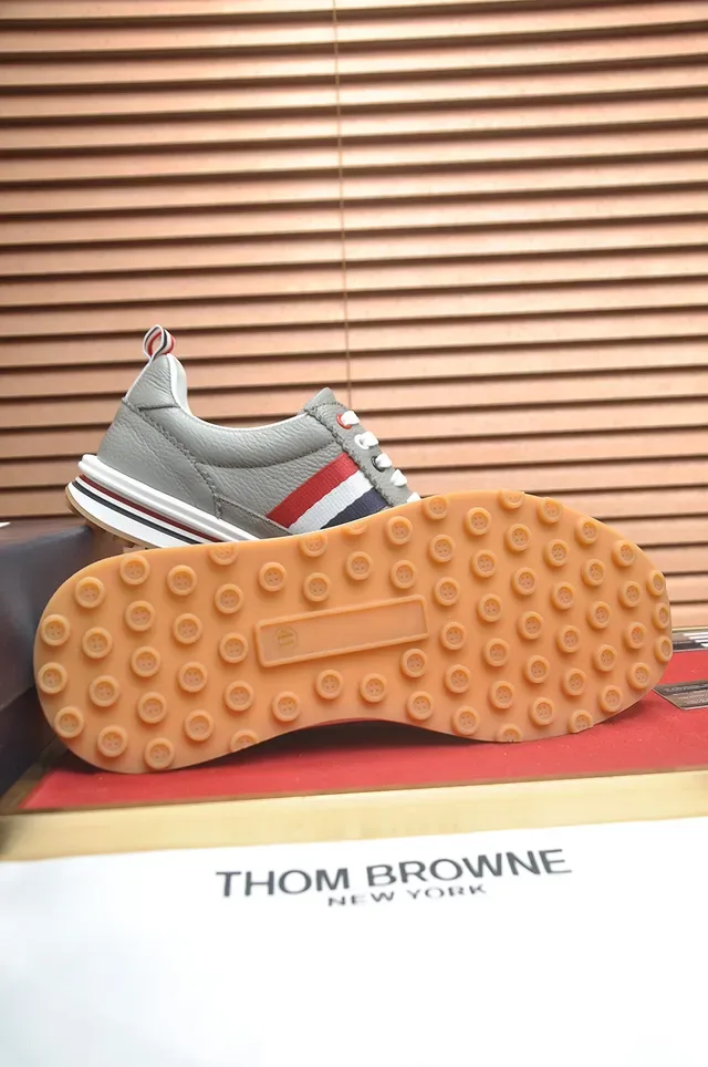 Thom Browne Gray Multicolor Pebbled Leather Upper Signature Red-White-Navy Stripe Tape Lifestyle Sneakers 3